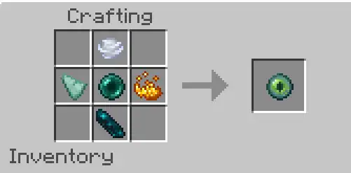 A minecraft crafting recipe is shown. It contains an ender pearl, a breeze ball, a prismarine shard, blaze powder, and an echo shard. They craft together into an eye of ender.
