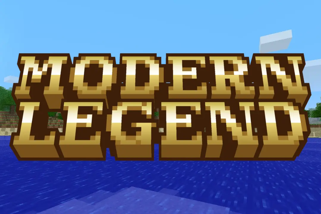 Blocky golden 3D text reading 'MODERN LEGEND' over a Minecraft-style background with water, grassy terrain, and a blue sky.
