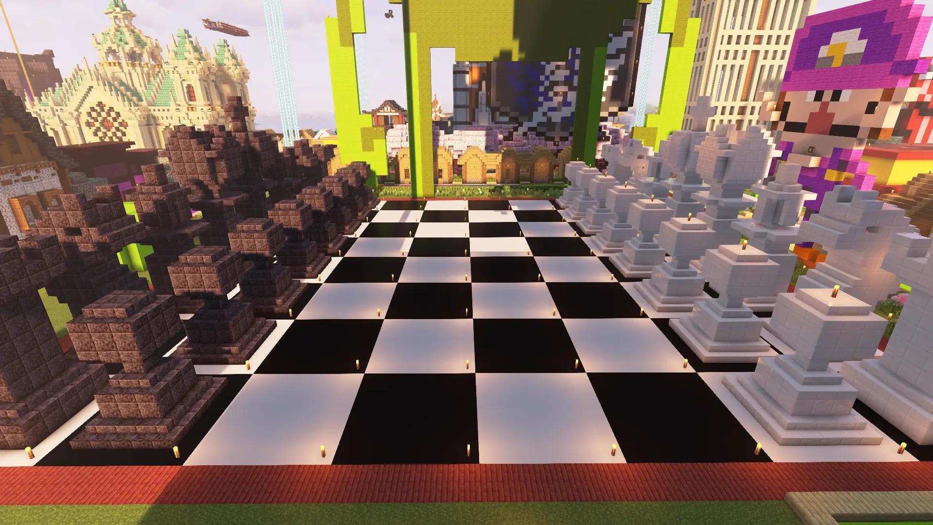 A very large chessboard with blackstone pieces on the left and white quartz pieces on the right. None of the pieces have moved from their starting points.