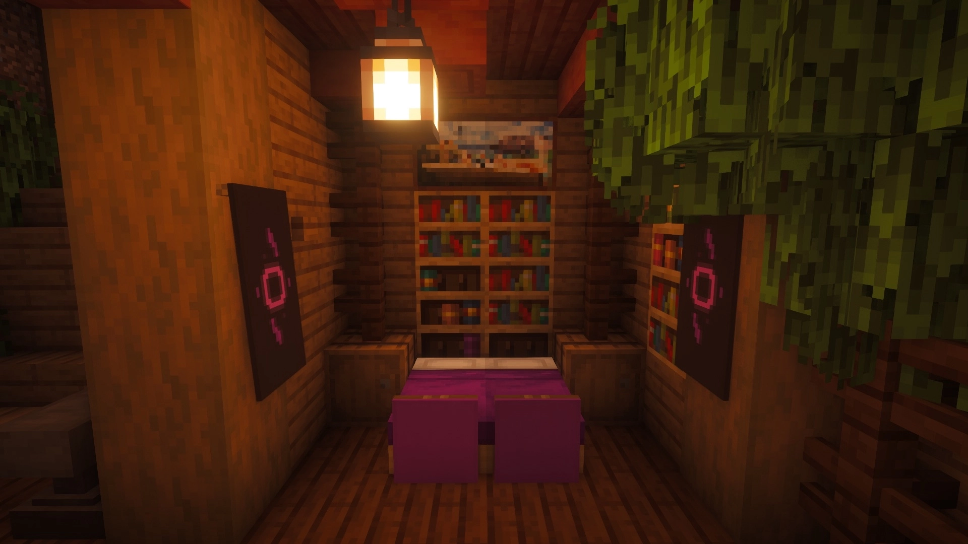 Minecraft interior bedroom with a purple bed, bookshelves, wooden walls, a hanging lantern, and pink symbol banners on both sides.
